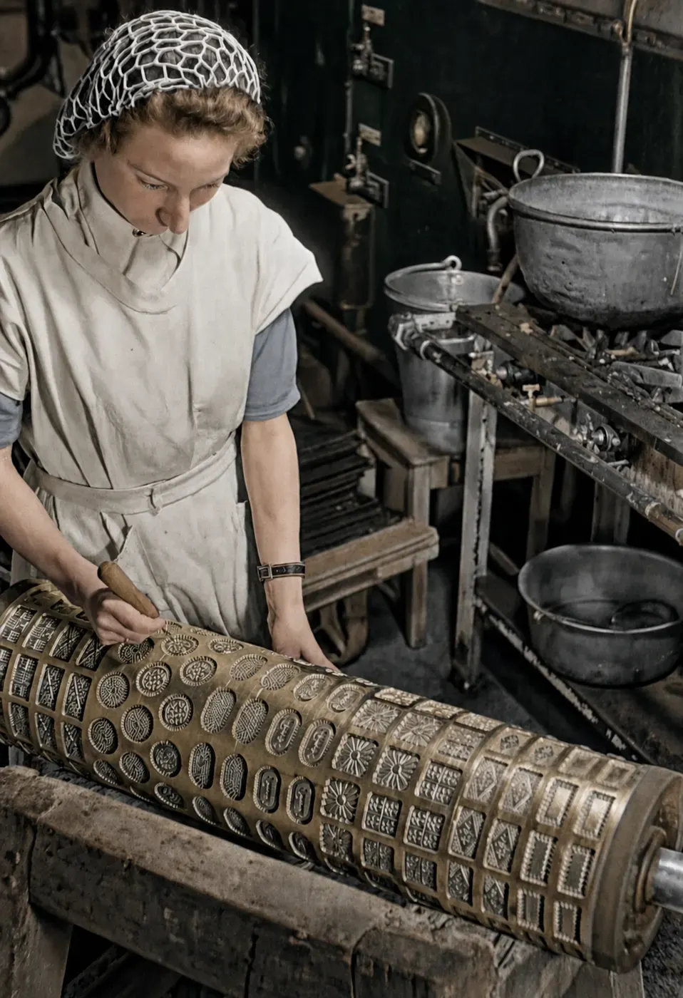 Arbeit an der Musterwalze in der Plätzchenbäckerei