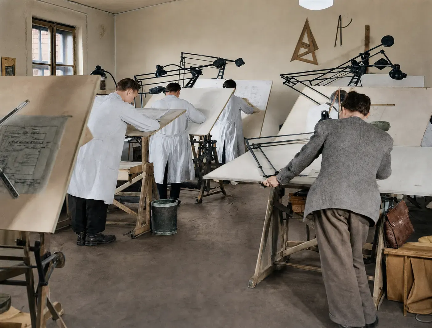 Konstruktionsbüro mit Zeichentischen