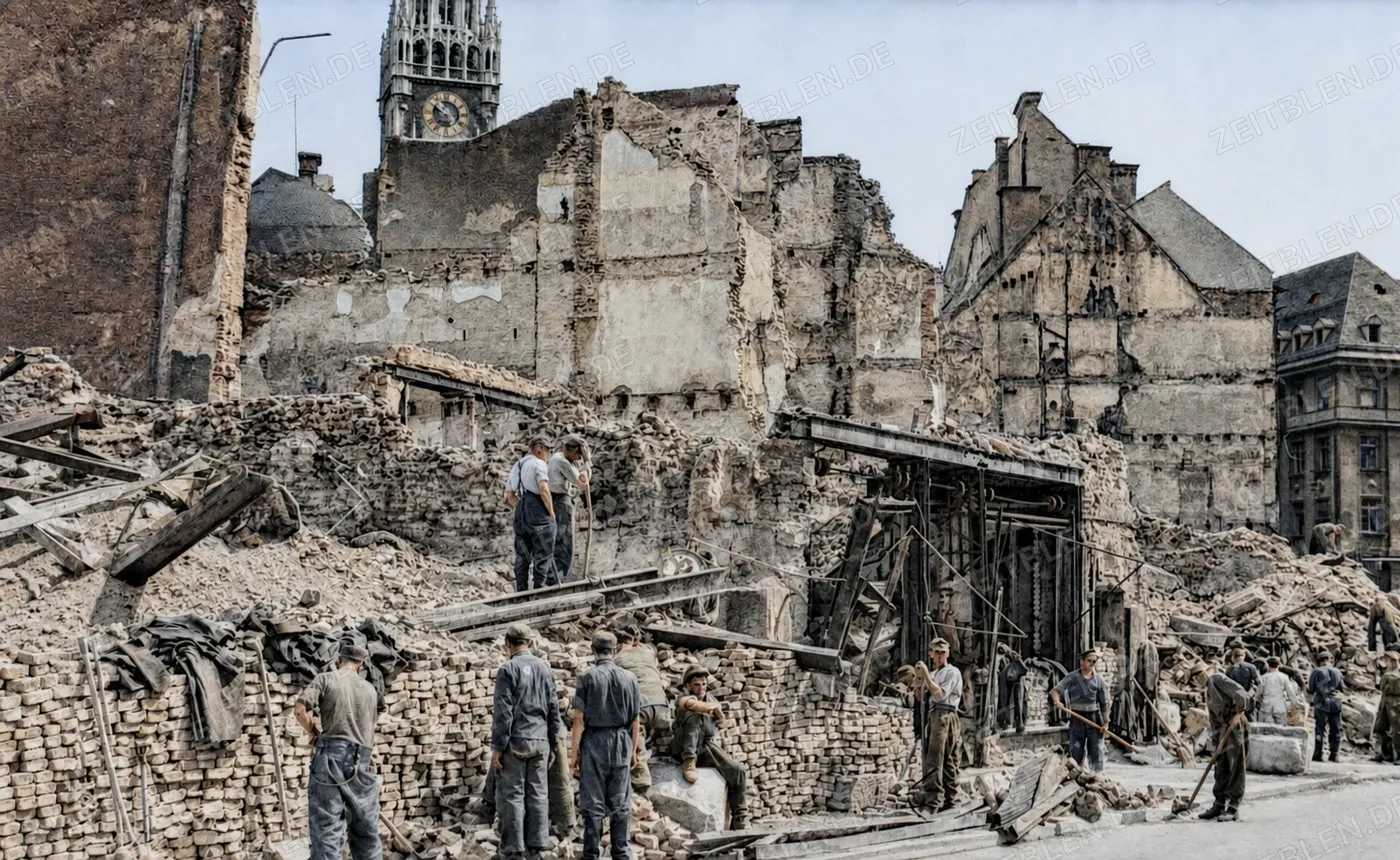 Trümmerräumung am Rindermarkt in München, 10. Juli 1945