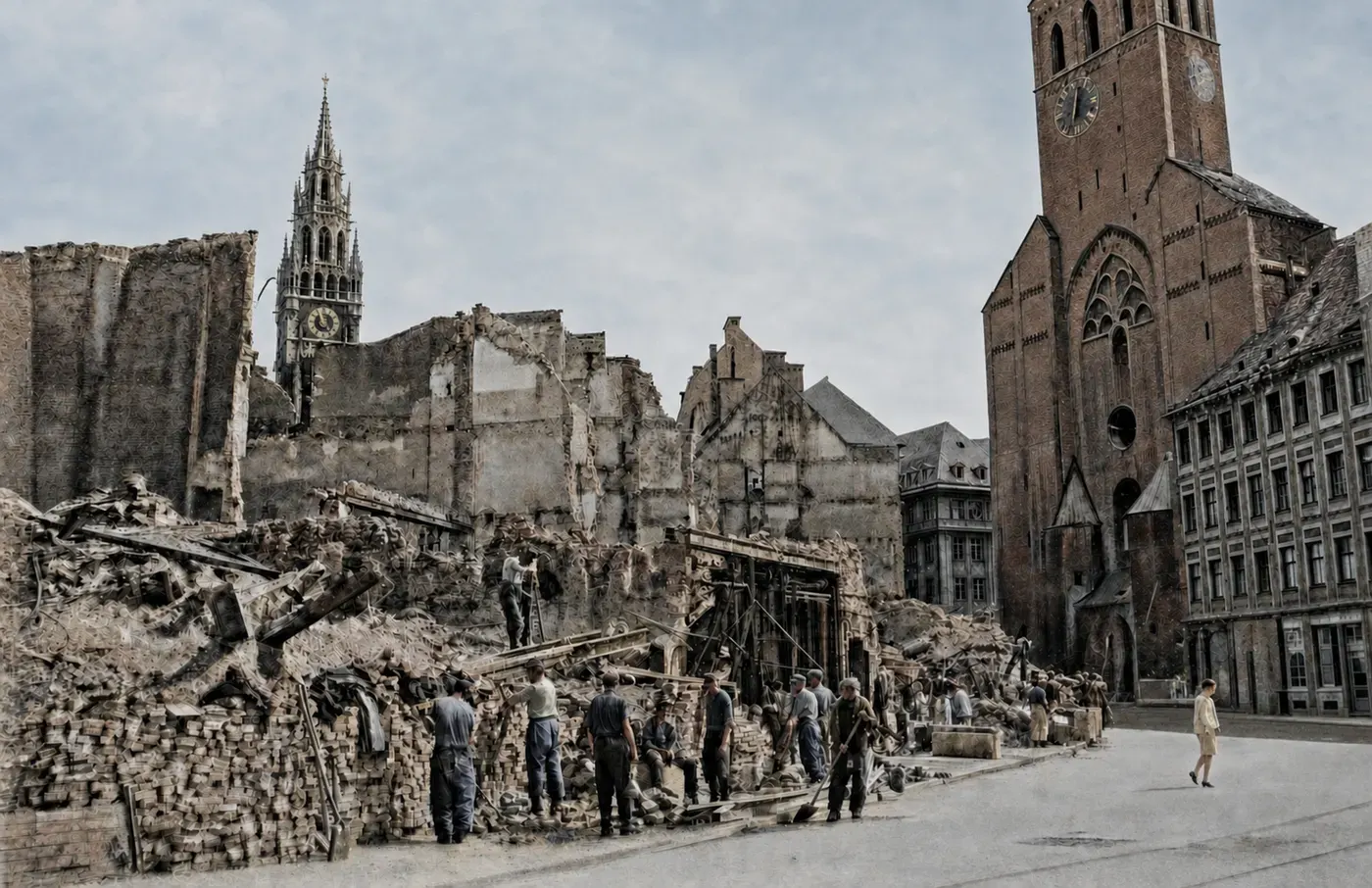 Blick über Trümmer am Rindermarkt mit St. Peter, 10. Juli 1945