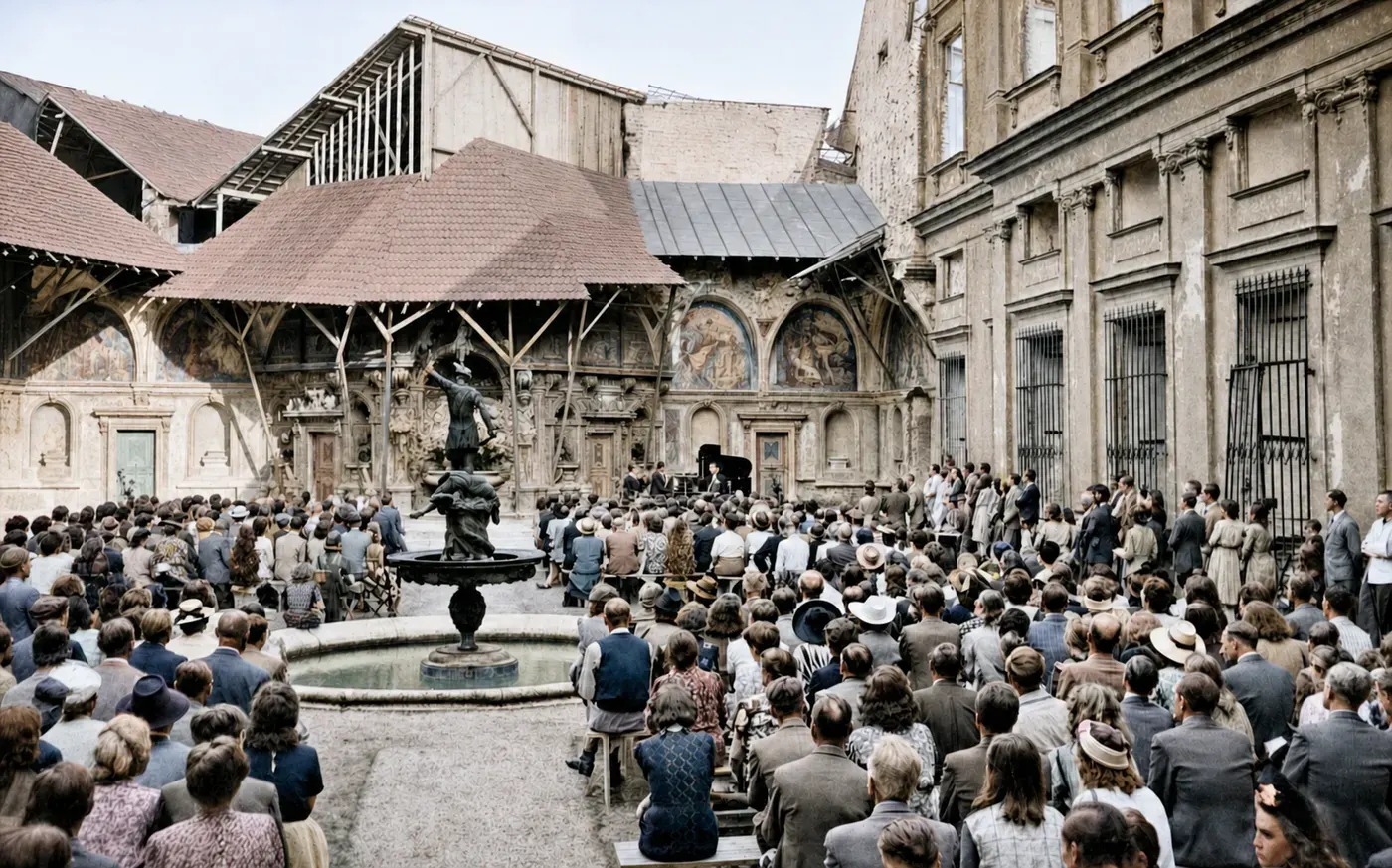 Kammerkonzert im zerstörten Grottenhof der Münchner Residenz, 28. August 1945