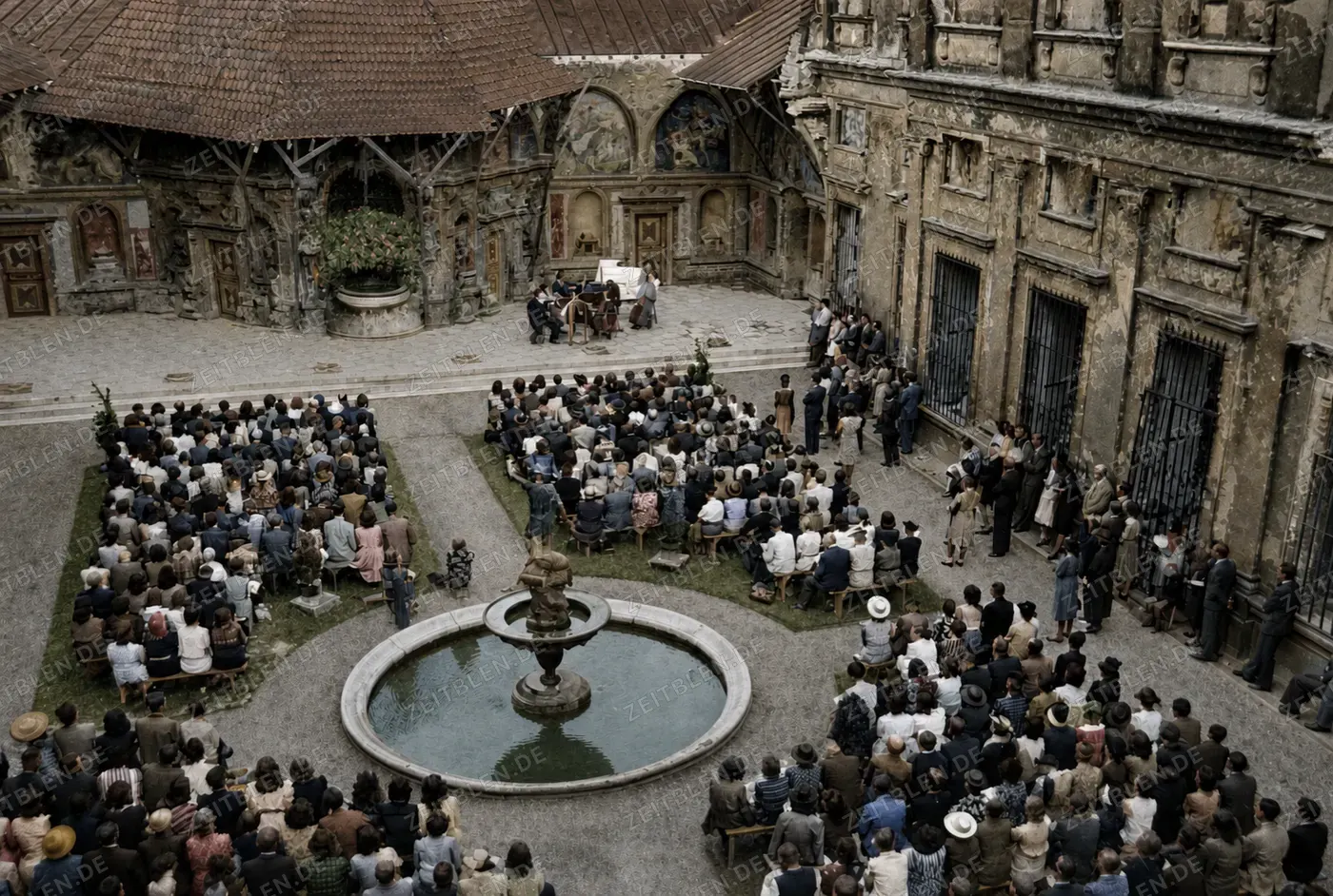 Seitlicher Überblick über Publikum und Bühne im Grottenhof, 28. August 1945