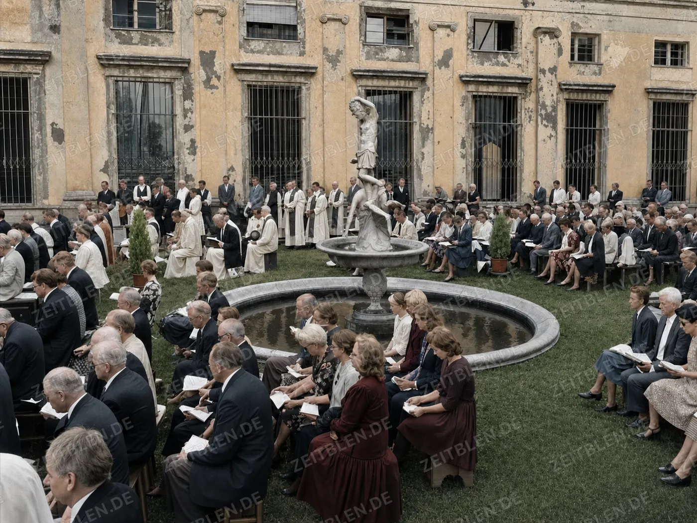 Konzertpublikum am Brunnen des Grottenhofs der Münchner Residenz, 28. August 1945