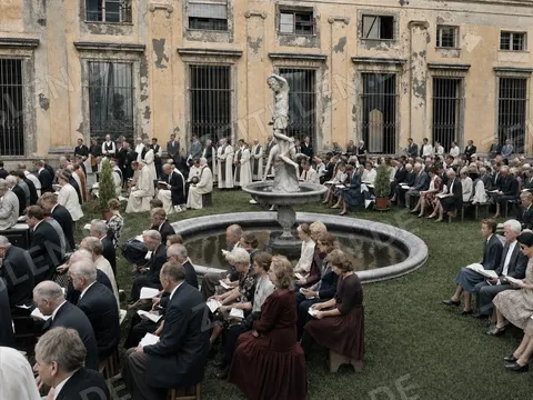 Konzertpublikum am Brunnen des Grottenhofs der Münchner Residenz, 28. August 1945