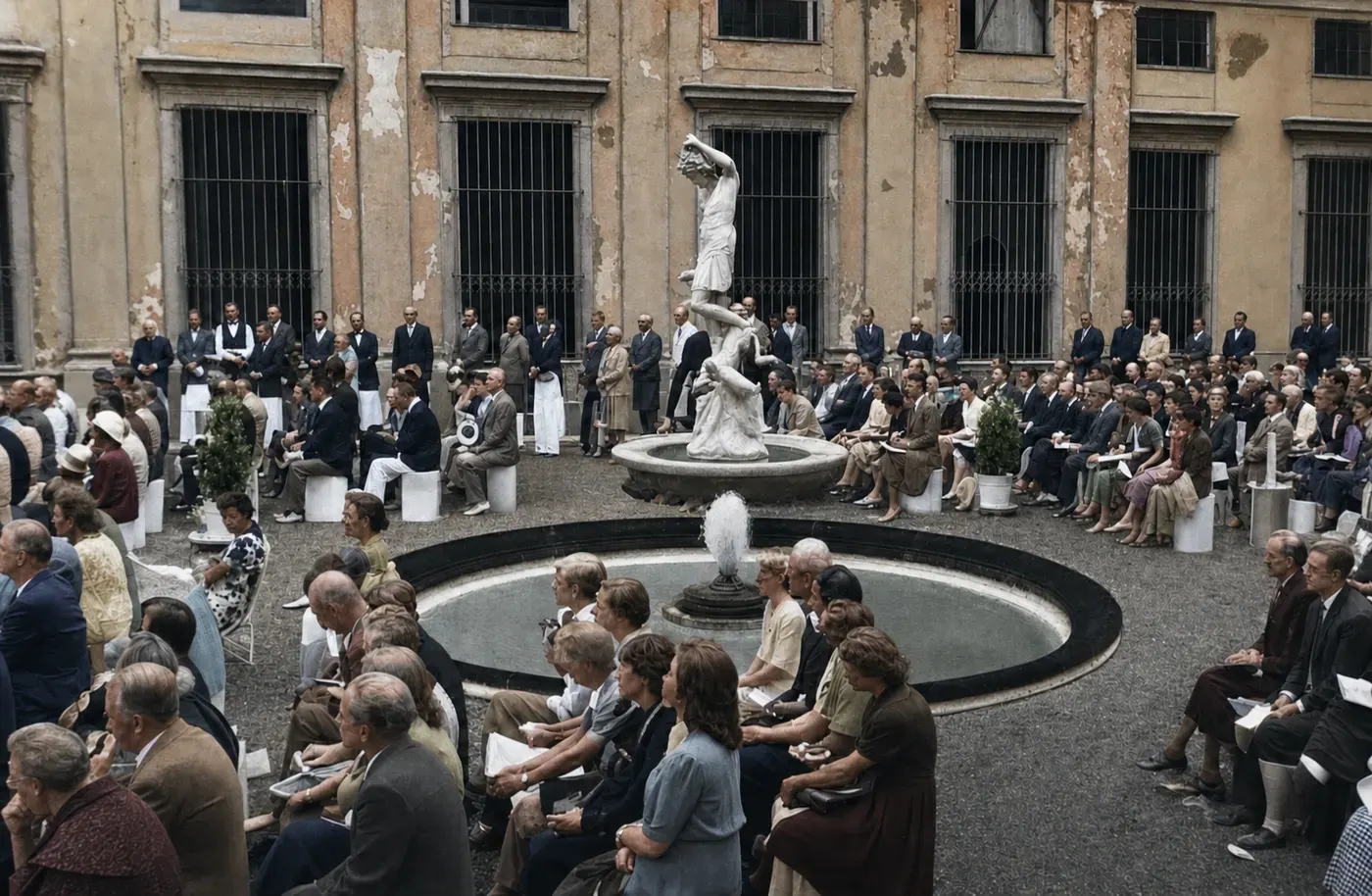 Konzertpublikum am Brunnen des Grottenhofs der Münchner Residenz, 28. August 1945