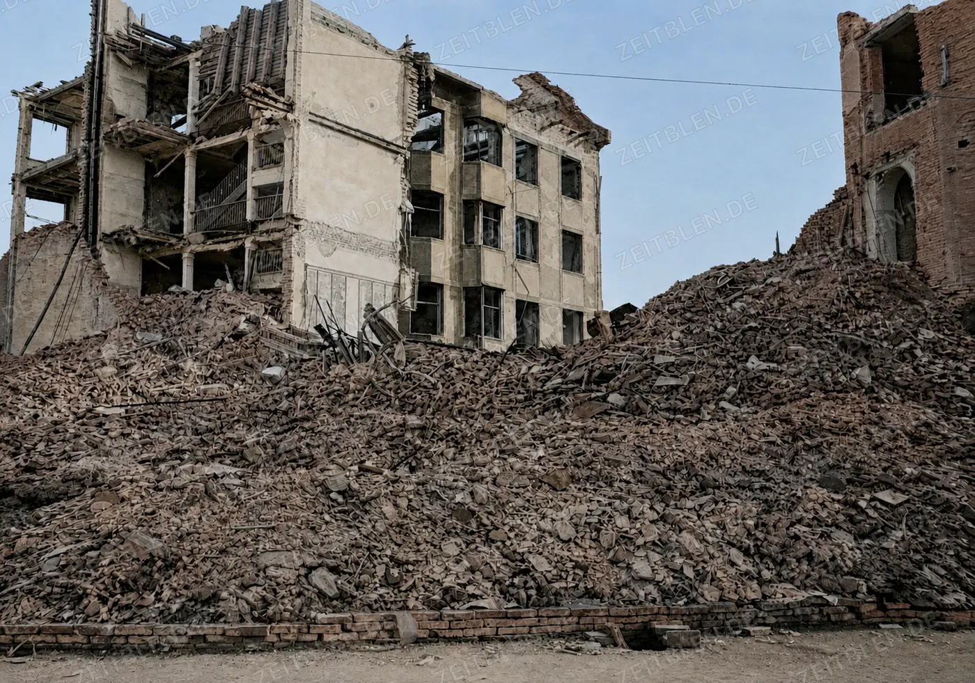 Großes Trümmerfeld vor beschädigten Münchner Fassaden, 17. September 1945