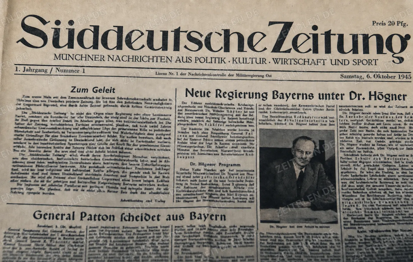 Titelseite der ersten Süddeutschen Zeitung, 6. Oktober 1945
