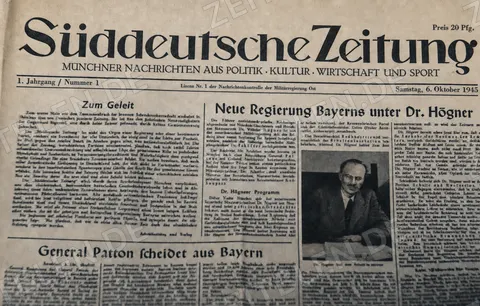 Titelseite der ersten Süddeutschen Zeitung, 6. Oktober 1945