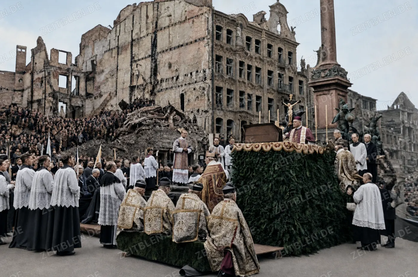 Duplikatansicht der Geistlichen bei der Mariensäulen-Weihe, 8. November 1945