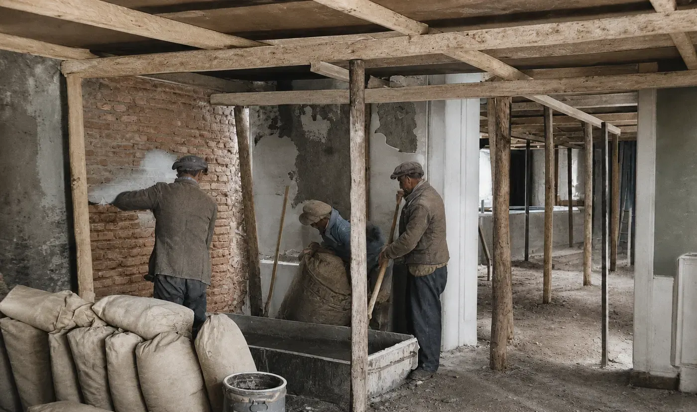 Arbeiter im beschädigten Innenraum des Künstlerhauses