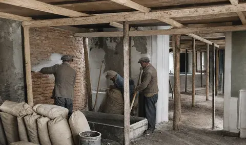 Arbeiter im beschädigten Innenraum des Künstlerhauses