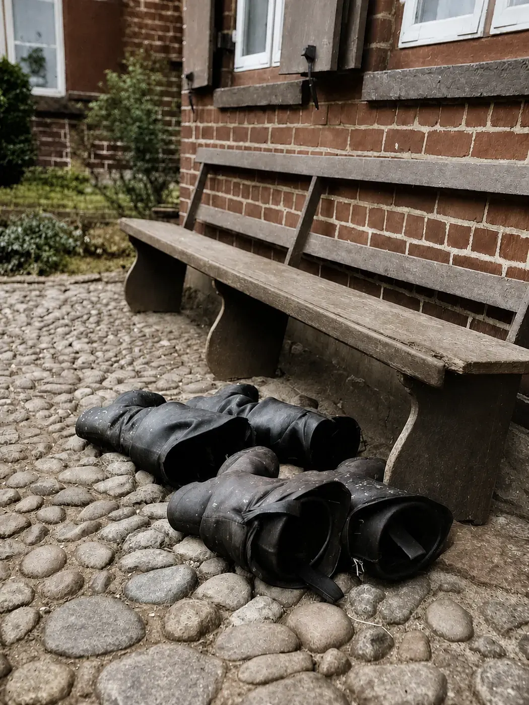 Fischerstiefel trocknen vor dem Haus, Ostsee 1937