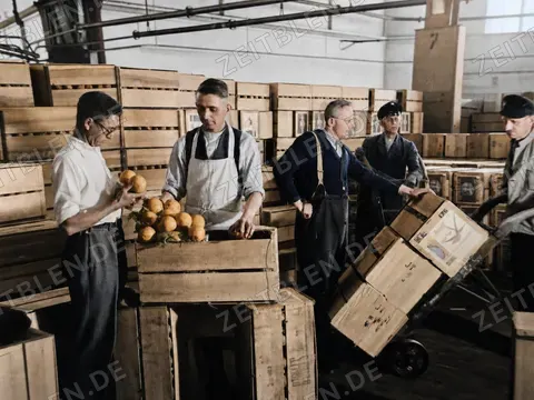 Sortieren exotischer Importfrüchte in Berlin, 1938