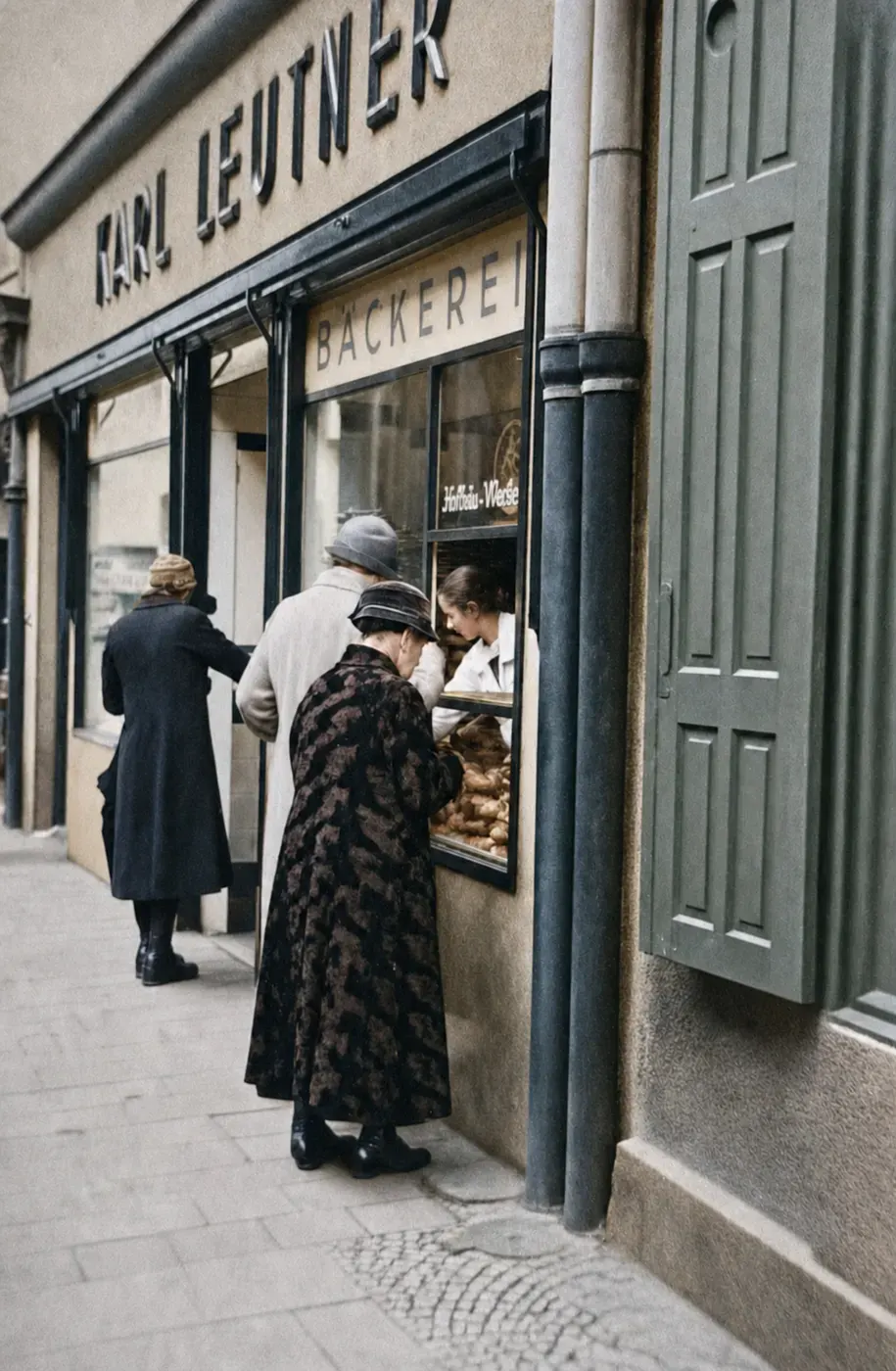 Einkauf am Straßenfenster der Bäckerei Karl Leitner, 1937