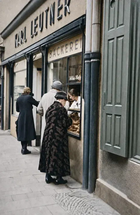 Einkauf am Straßenfenster der Bäckerei Karl Leitner, 1937