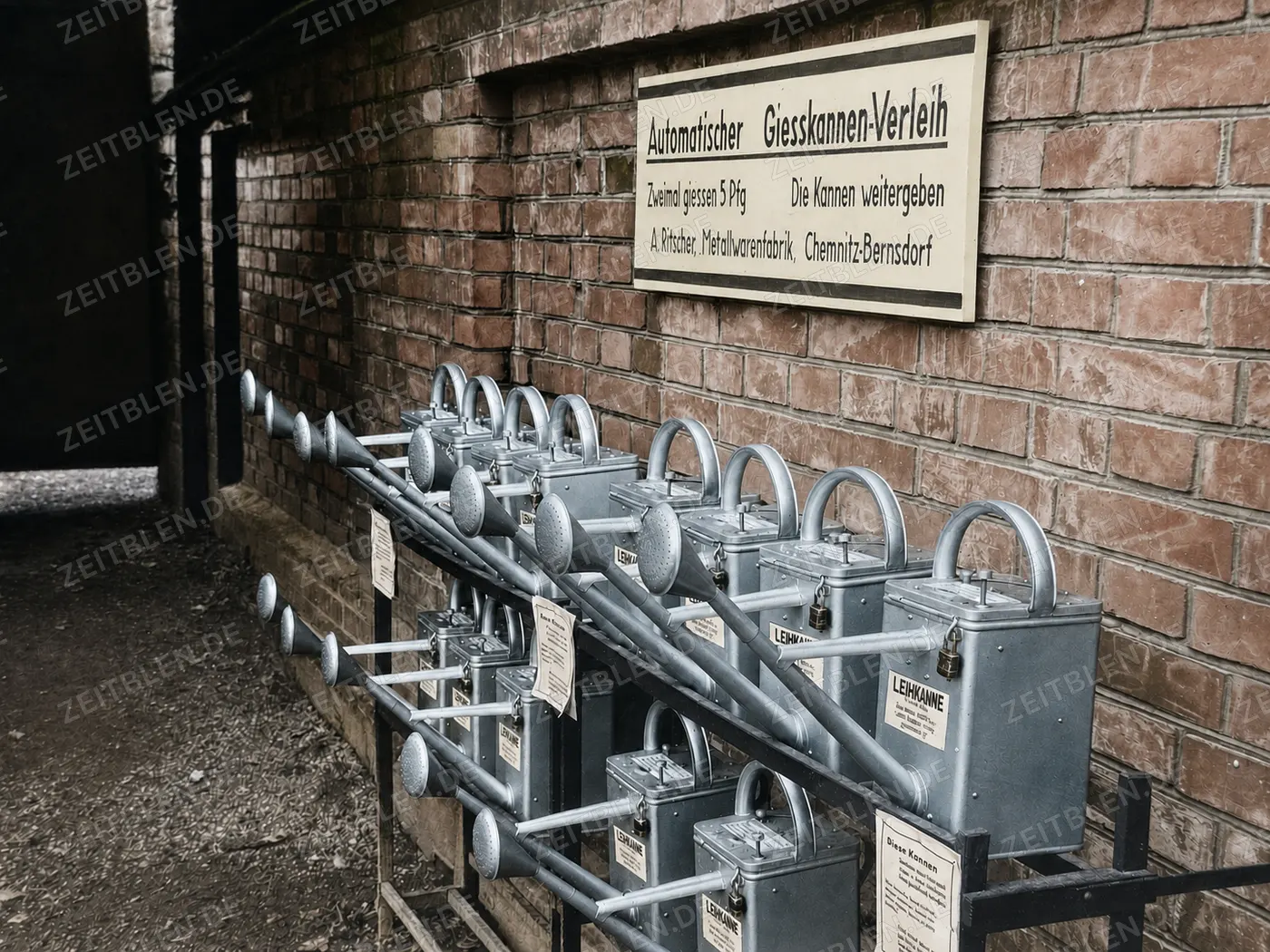 Automatischer Gießkannenverleih auf einem Friedhof, 1937