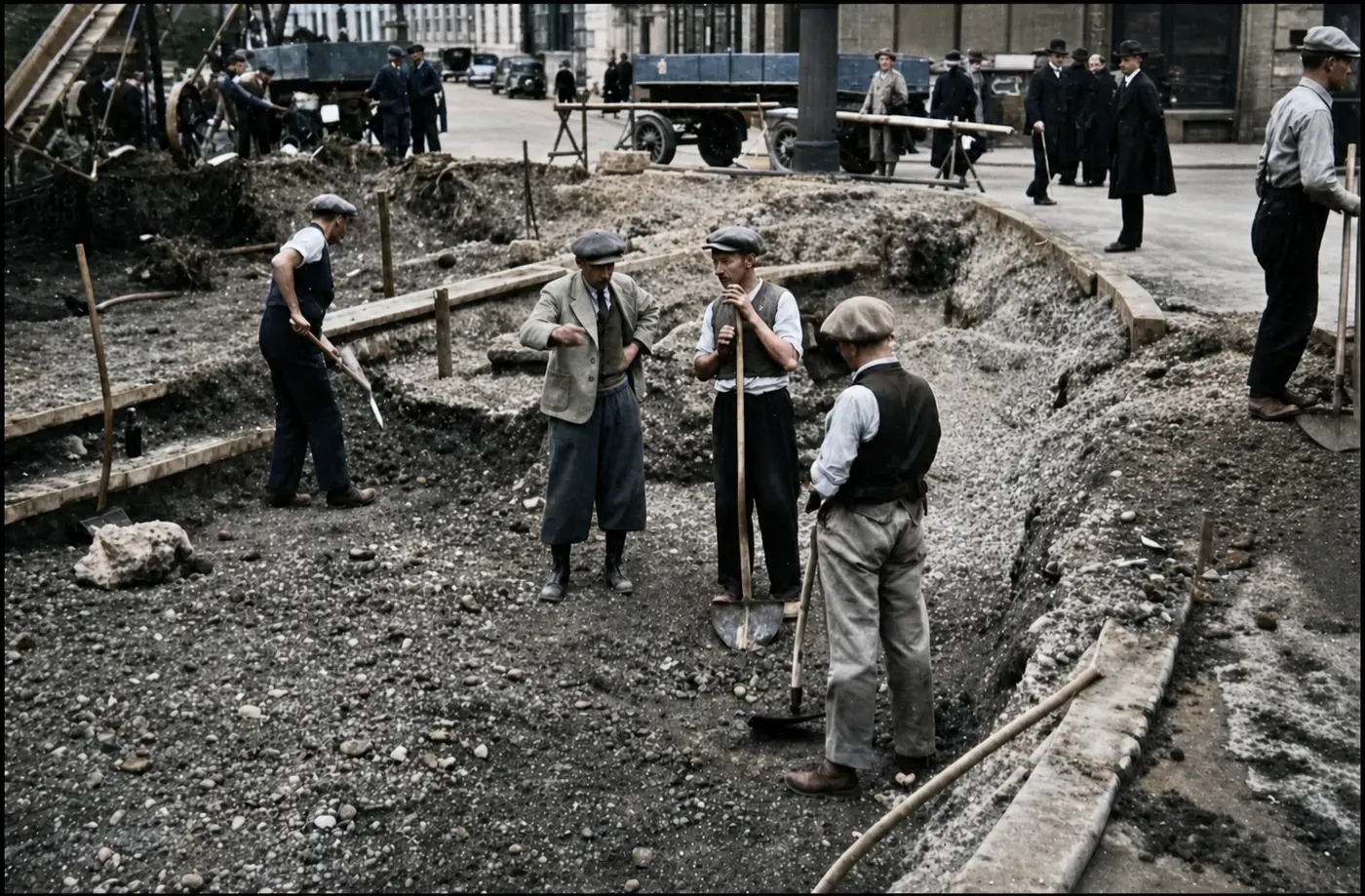 Arbeitsbesprechung auf einer Münchner Straßenbaustelle, 1935