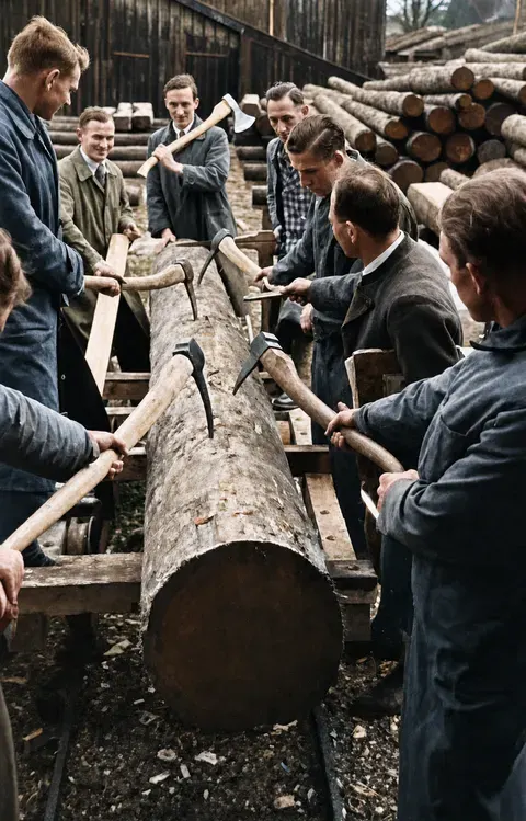 Arbeitsgruppe beim Behauen eines Baumstamms, Bayern 1935
