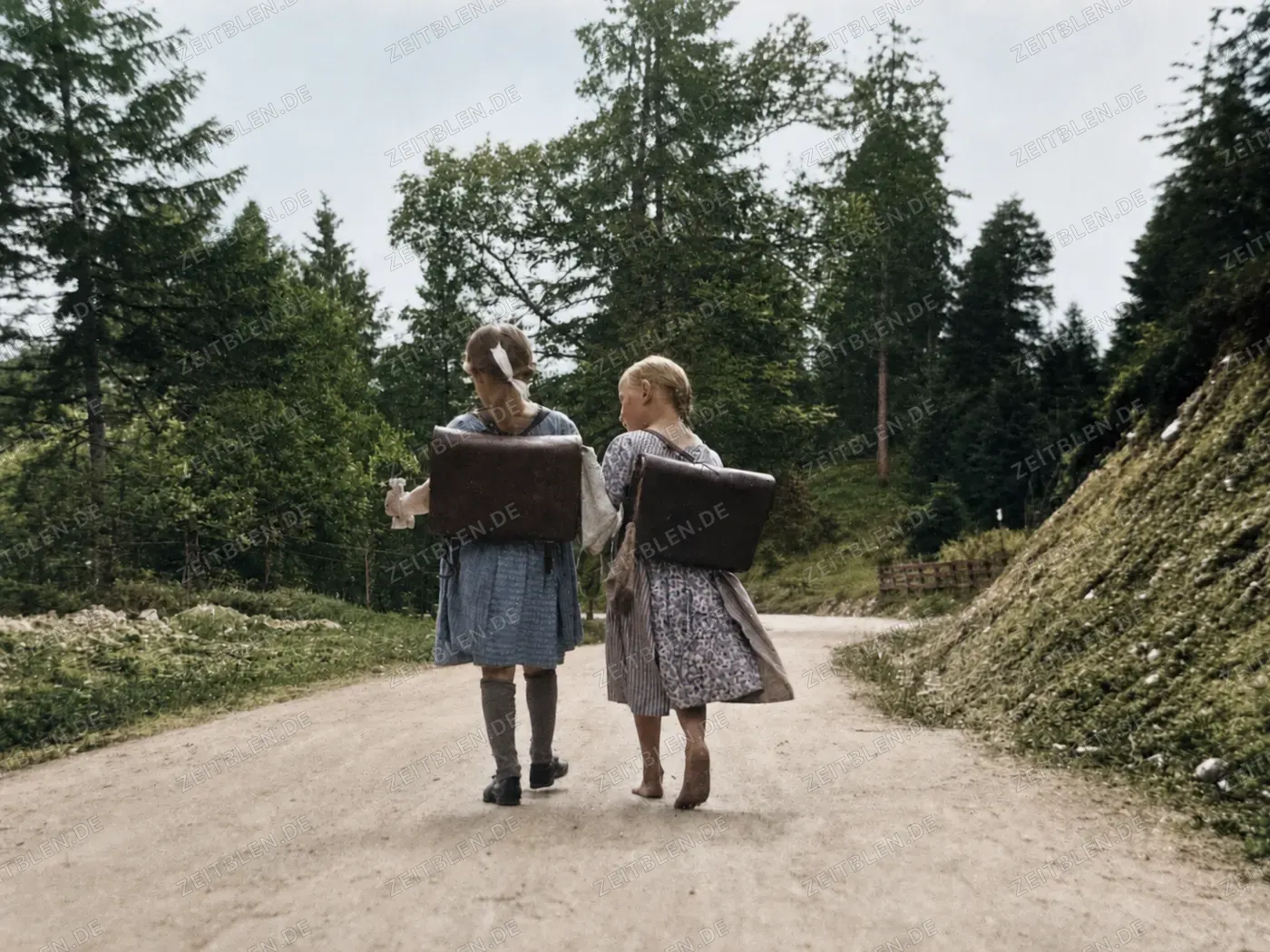 Schülerinnen mit Ranzen auf einer Waldstraße