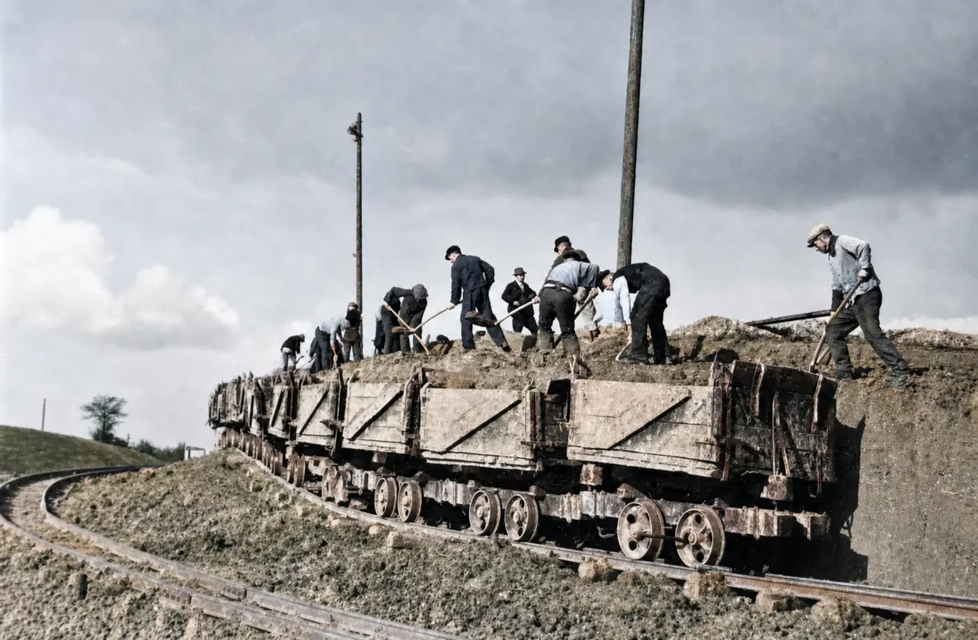 Arbeitskolonne beim Bau einer Reichsautobahn