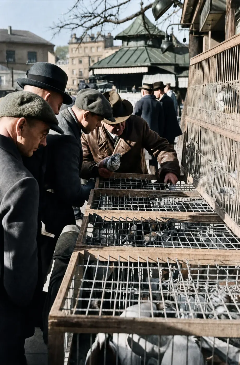 Käufer am Taubenstand des Viktualienmarkts