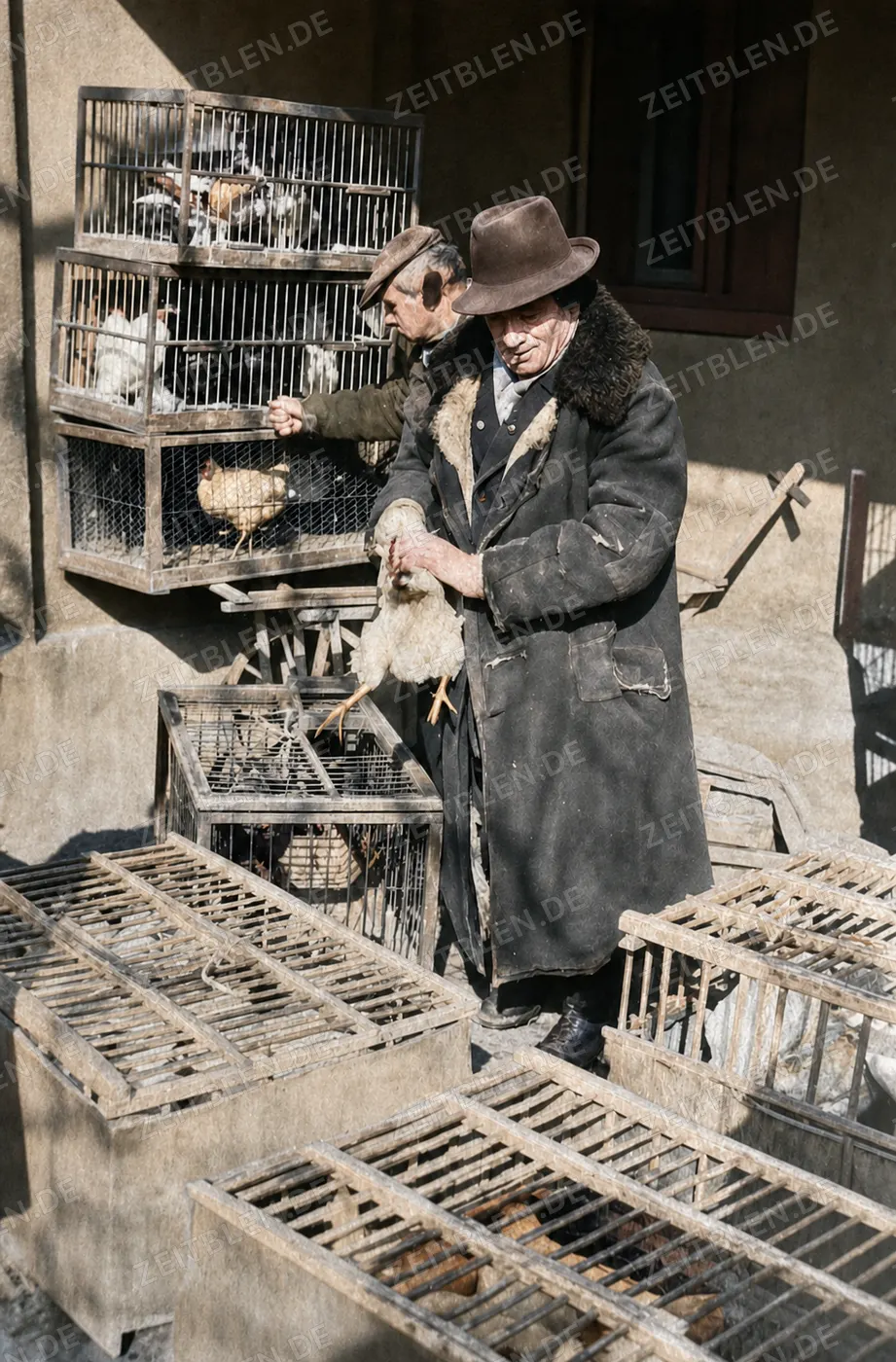 Geflügelhändler mit Huhn am Viktualienmarkt