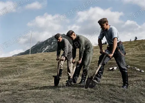 Reichsarbeitsdienst bei der Einebnung von Buckelwiesen