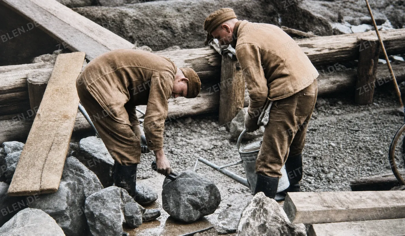 Handarbeit in der Baugrube einer Wildbachverbauung