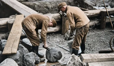 Handarbeit in der Baugrube einer Wildbachverbauung