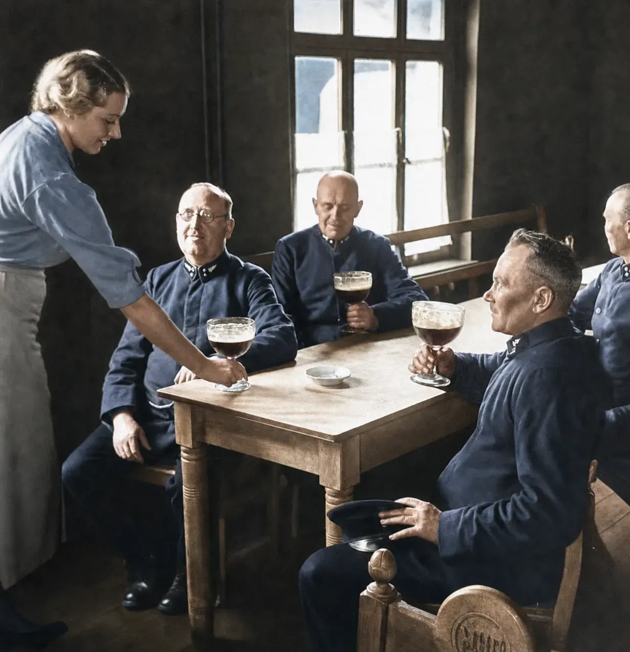 Eisenbahner bei der Bewirtung im Übernachtungsheim