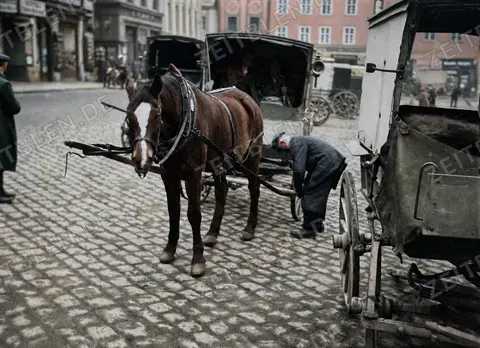 Pferdegespann mit Lieferwagen in Bunzlau