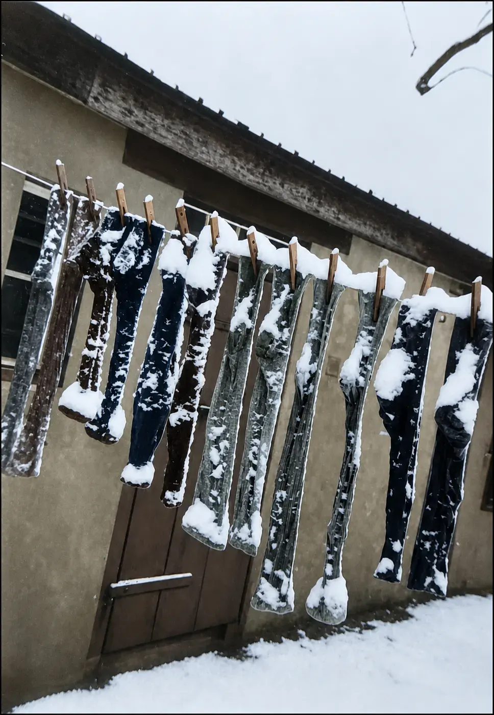 Vereiste Kleidungsstücke im winterlichen Hof
