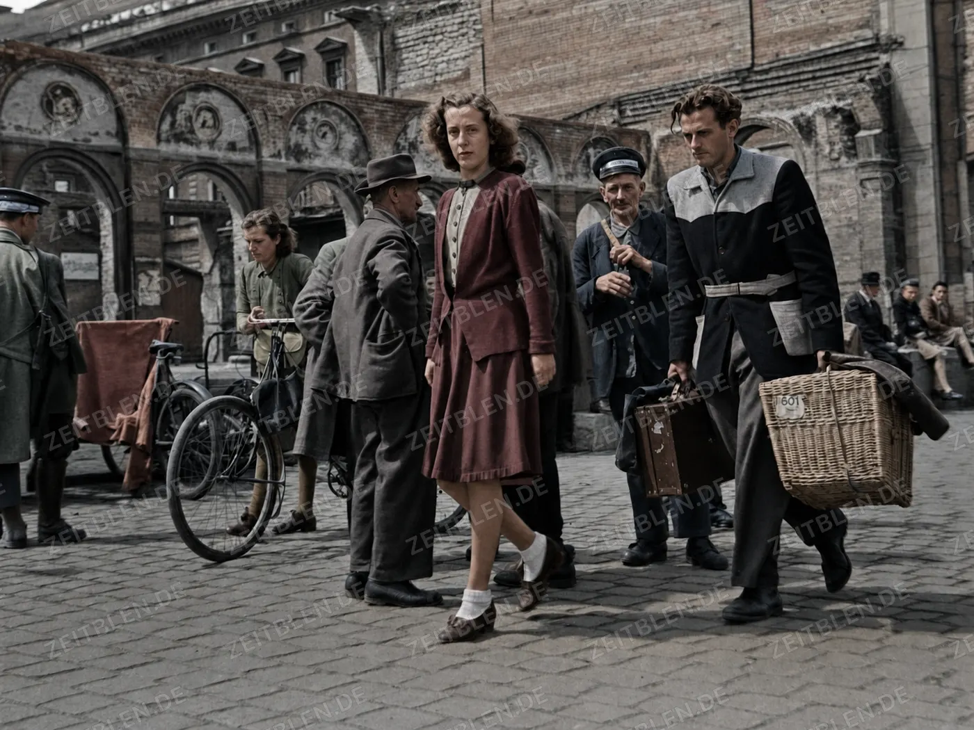 Reisende mit Gepäck in München, vermutlich am Hauptbahnhof, 1948