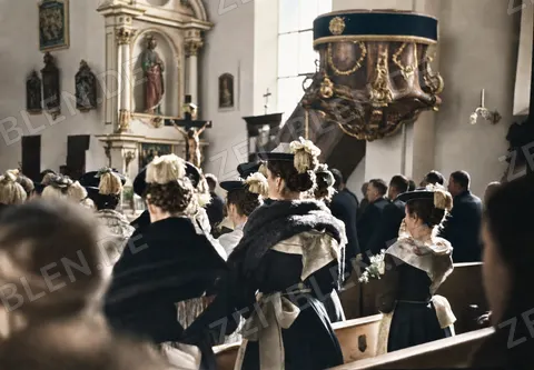 Frauen mit Trachtenhüten beim Hochzeitsgottesdienst, 1936