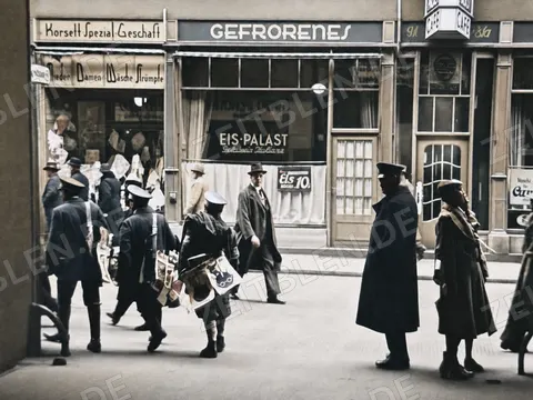 Passanten vor Korsettgeschäft und Eispalast in München, 1936