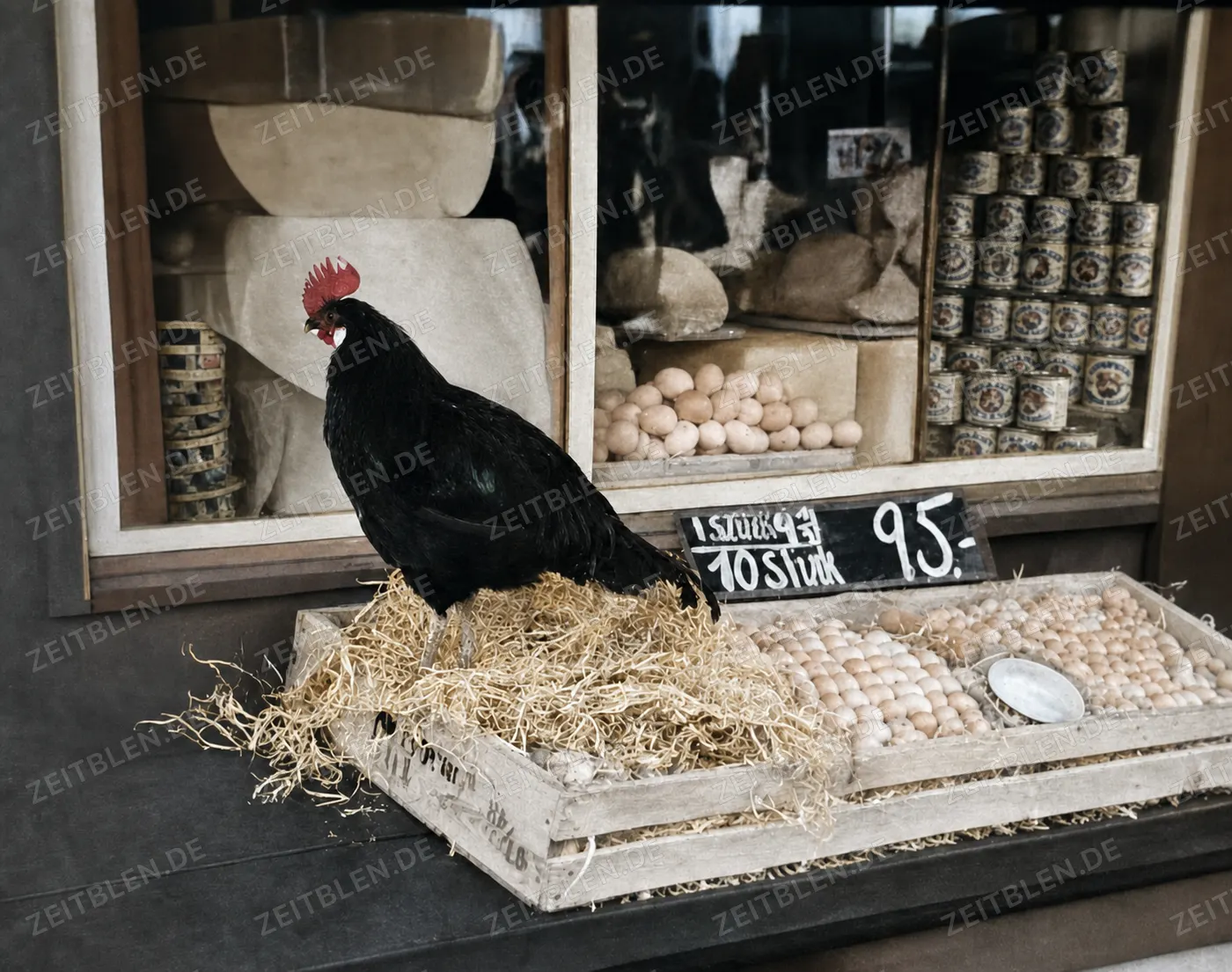 Hahn auf einem Eierstand am Münchner Viktualienmarkt