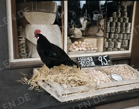 Hahn auf einem Eierstand am Münchner Viktualienmarkt
