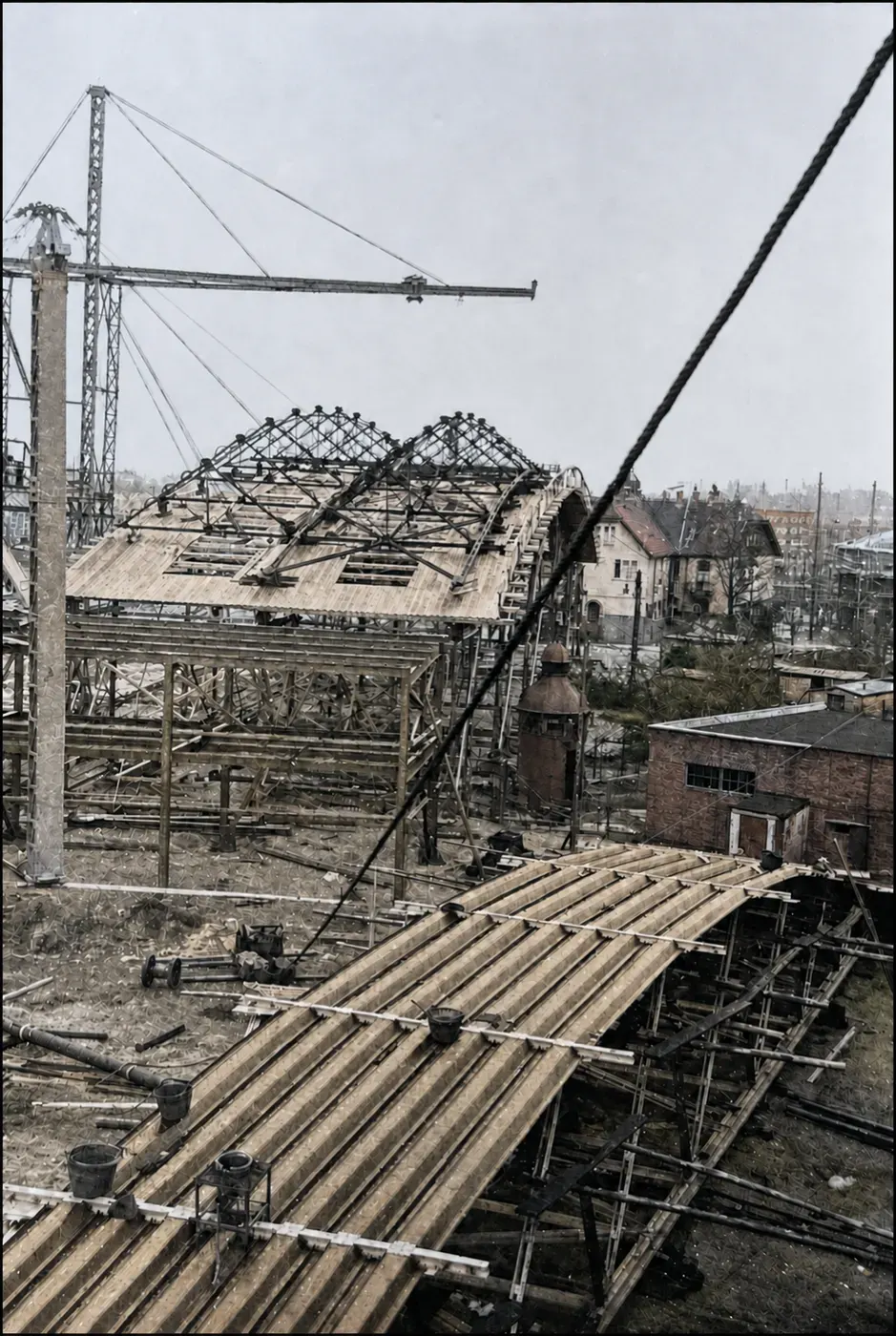 Hallenrohbau und Gerüstplattform der Reichsausstellung „Schaffendes Volk“, Düsseldorf 1937