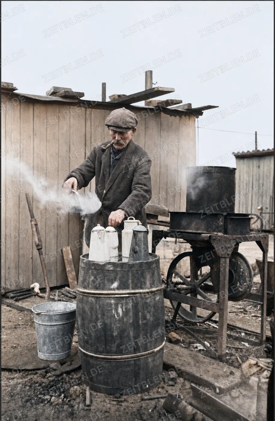 Bauarbeiter füllt heiße Getränke ab, Düsseldorf 1937
