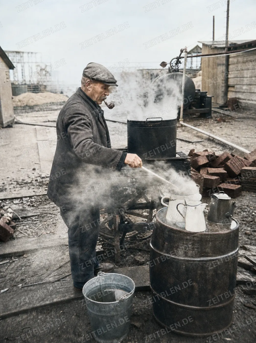 Bauarbeiter am dampfenden Teekessel, Düsseldorf 1937