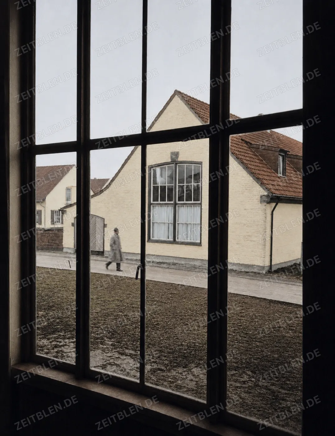 Blick durch ein Fenster auf die damalige „Schlageter-Siedlung“, Düsseldorf 1937