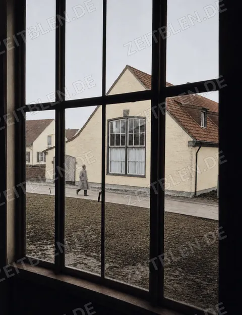 Blick durch ein Fenster auf die damalige „Schlageter-Siedlung“, Düsseldorf 1937