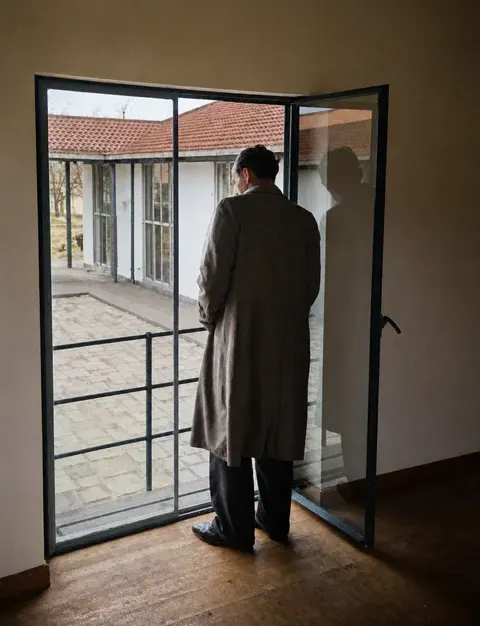 Mann auf einer Terrasse der damaligen „Schlageter-Siedlung“, Düsseldorf 1937