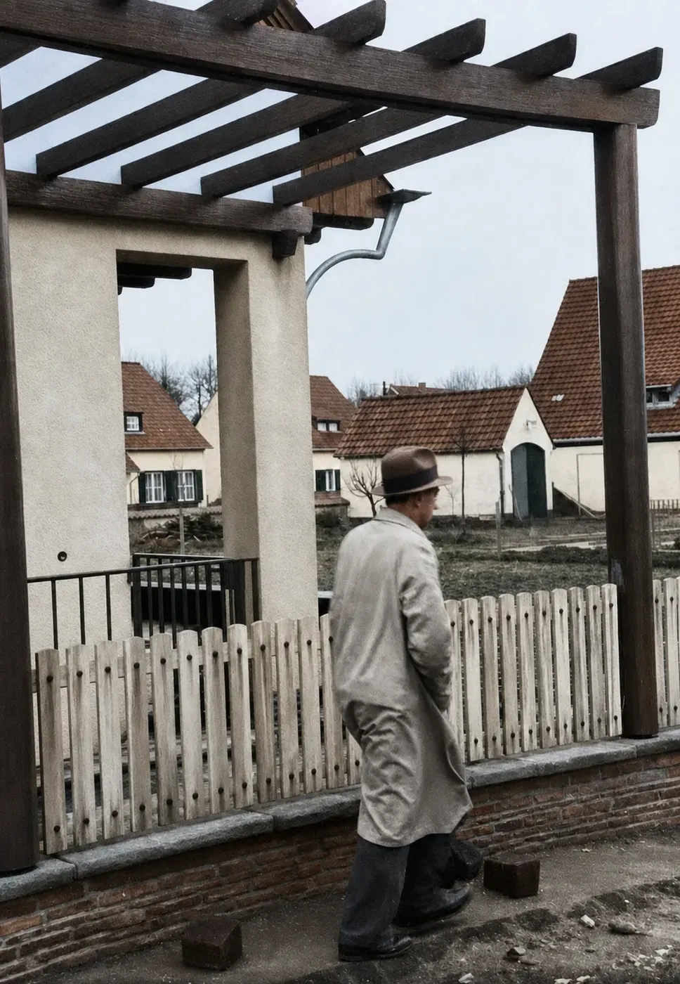 Mann auf einem Rohbau der „Schlageter-Siedlung“, Düsseldorf Februar 1937