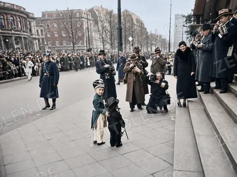 Fotografen und kostümierter Junge beim Düsseldorfer Karneval, Februar 1937
