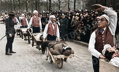 Karnevalistischer Krankentransport mit Schubkarren in Düsseldorf, Februar 1937