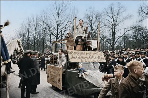 Karnevalswagen „Das fahrbare Volks-Bad“ in Düsseldorf, Februar 1937