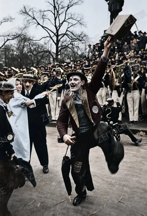 Clown vor einer Musikkapelle im Düsseldorfer Karneval 1937