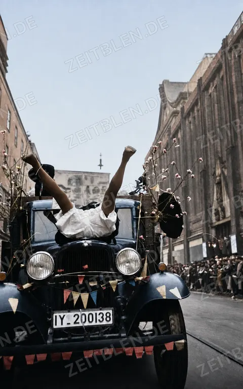 Akrobatik auf einem Karnevalsauto in Düsseldorf 1937