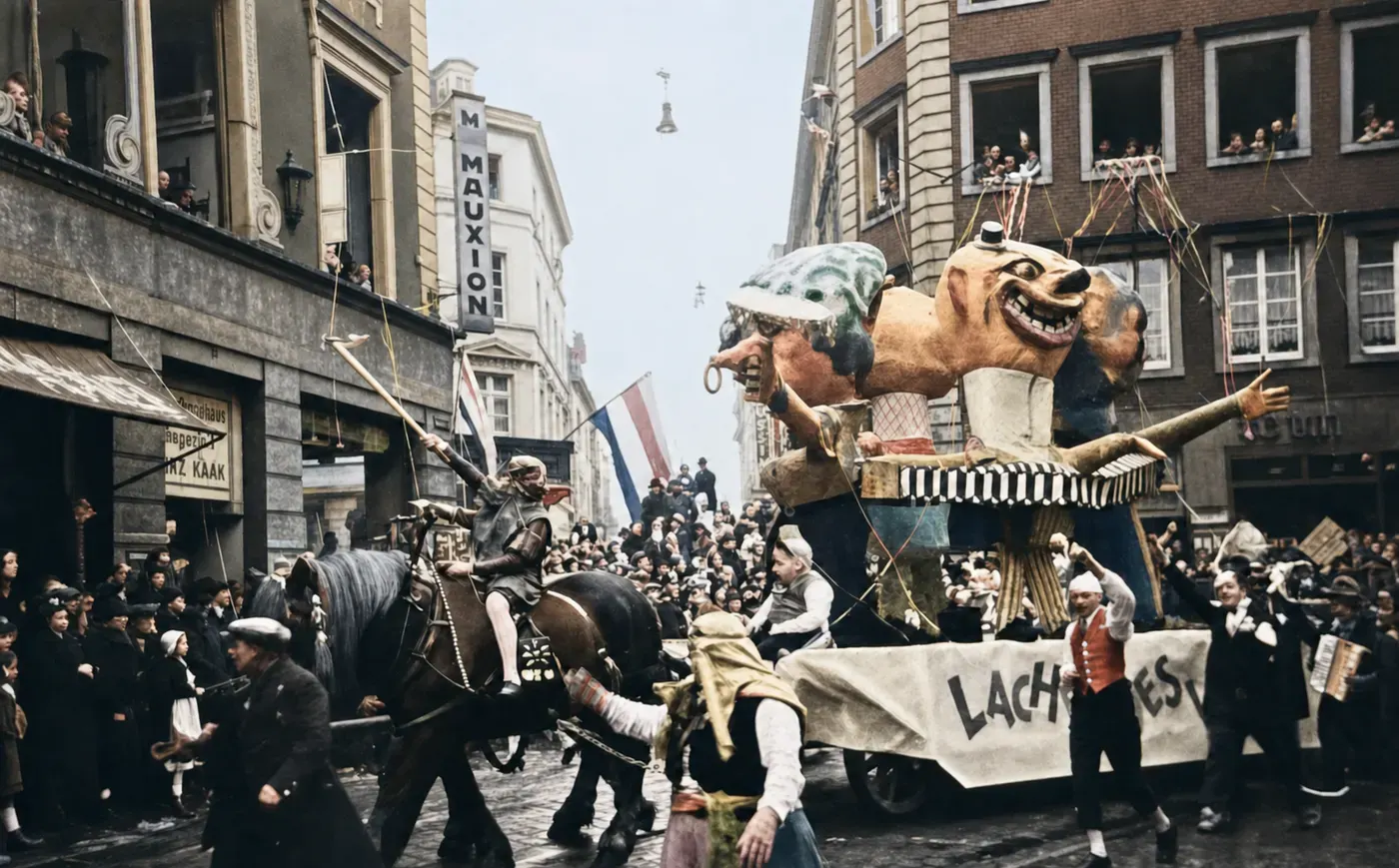 Wagen mit zwei lachenden Großfiguren beim Düsseldorfer Karneval, 1937